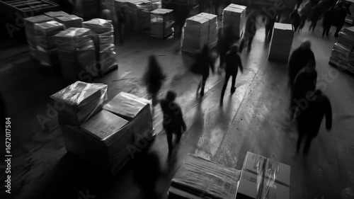 Blurred Motion of People Walking Amidst Stacked Boxes in a Monochrome Warehouse