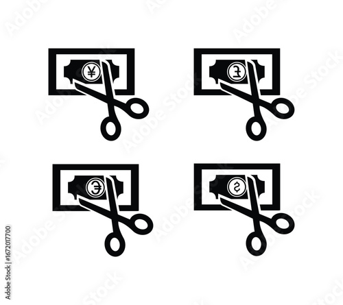 Money Cut Icons with Currency Symbols – Dollar, Euro, Pound, Yen Vector Set