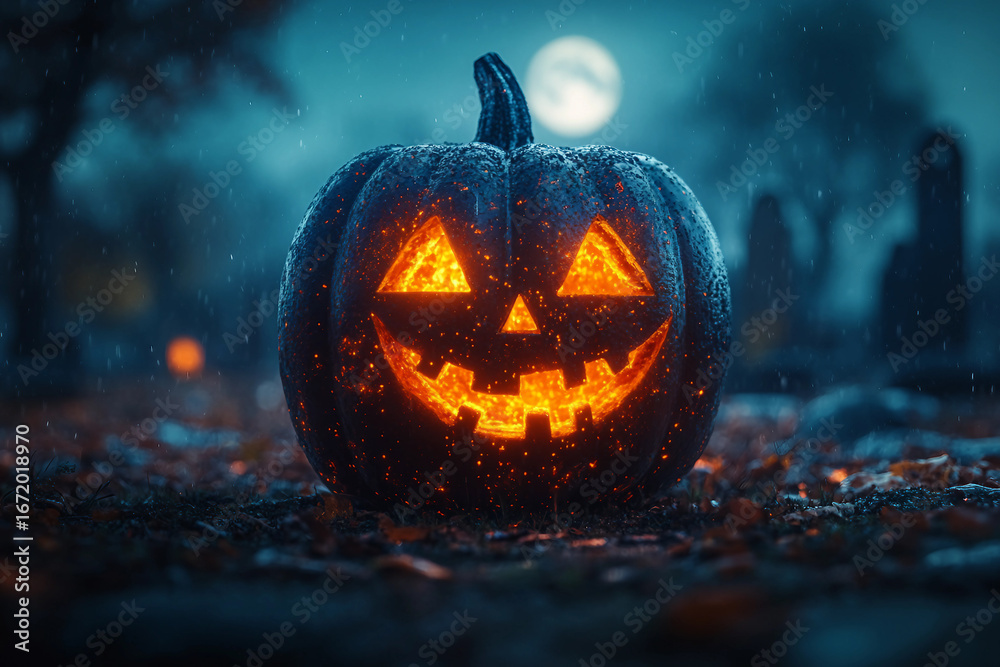 Naklejka premium Creative halloween banner with traditional symbols orange pumpkin wizard hat black cat jack o lanterns, Generative AI