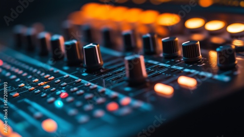 Close-up of a pro audio mixer with glowing controls and faders in a recording studio at night