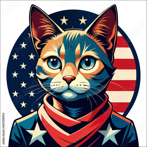 Patriotic Cat T-shirt Design – Vector American Flag Stars and Stripes.
