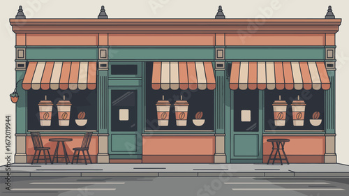 A coffee shop facade with striped awnings and tables outside on a street in a cartoon style image