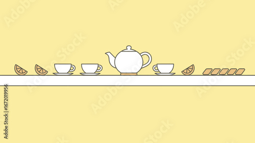 A minimalist illustration of a tea set with lemon slices and cookies on a light yellow background
