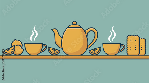 A still life illustration of a teapot, cups, lemon slices, and cookies on a shelf against a teal background