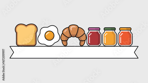 A cartoon breakfast arrangement featuring toast egg croissant and three jars of jam on a white banner space