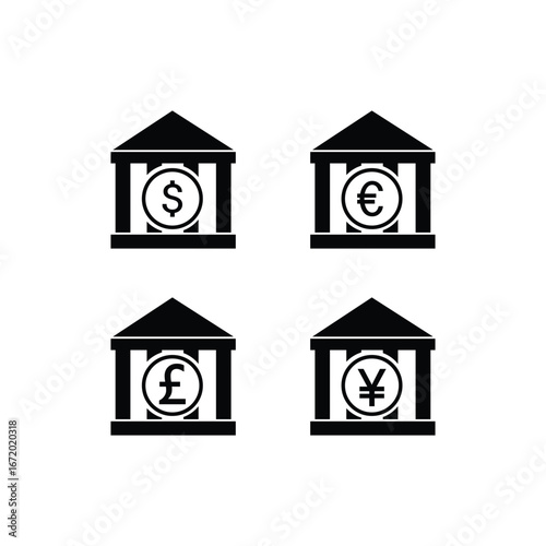 Bank Building Icons with Currency Symbols – Dollar, Euro, Pound, Yen Vector Set