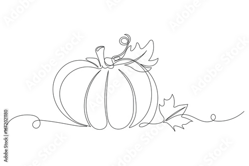 Autumn pumpkin in one continuous line drawing. Halloween and Thanksgiving greeting card in simple linear style. Fall harvest in editable stroke. Doodle vector illustration