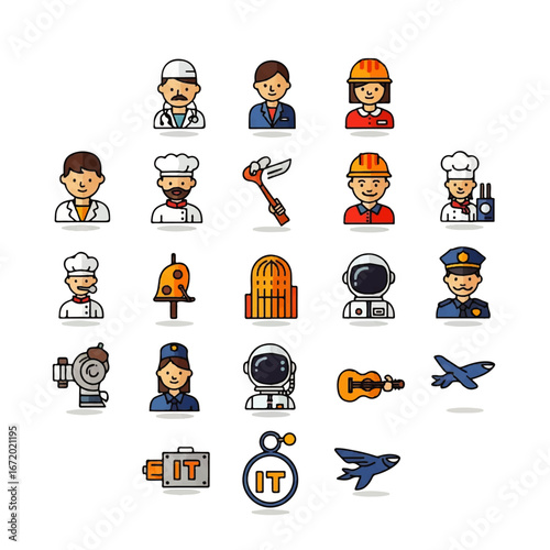 A collection of various illustrated professions and occupations, presented in a circular arrangement