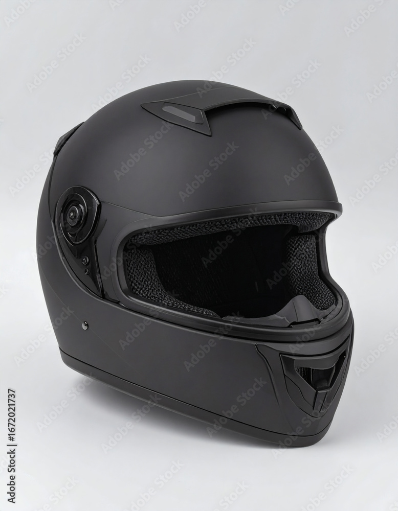 Fototapeta premium Close-up studio shot of a matte black motorcycle helmet, showcasing its design and features.