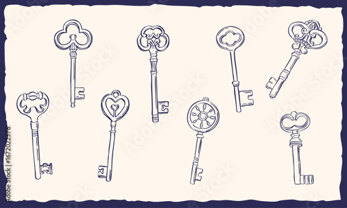 vintage old style keys hand drawn sketch illustration - collection vector line art set