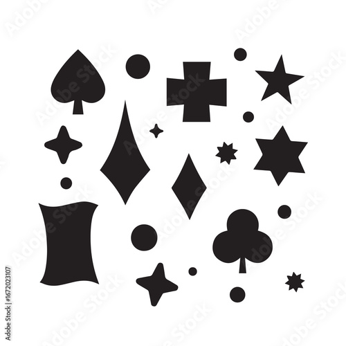 A striking collection of bold black shapes including stars, circles, diamonds, clubs, and abstract forms, blending playful design with geometric precision. This minimalist artwork captures balance, 