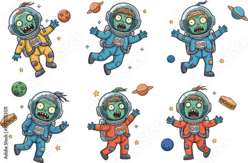 Zombie astronauts in space suits floating, cartoon undead space explorers, outer space adventure, sci-fi Halloween, spooky astronauts, cosmic undead crew.