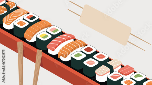 An illustration of a conveyor belt sushi restaurant with various sushi and chopsticks present in the scene