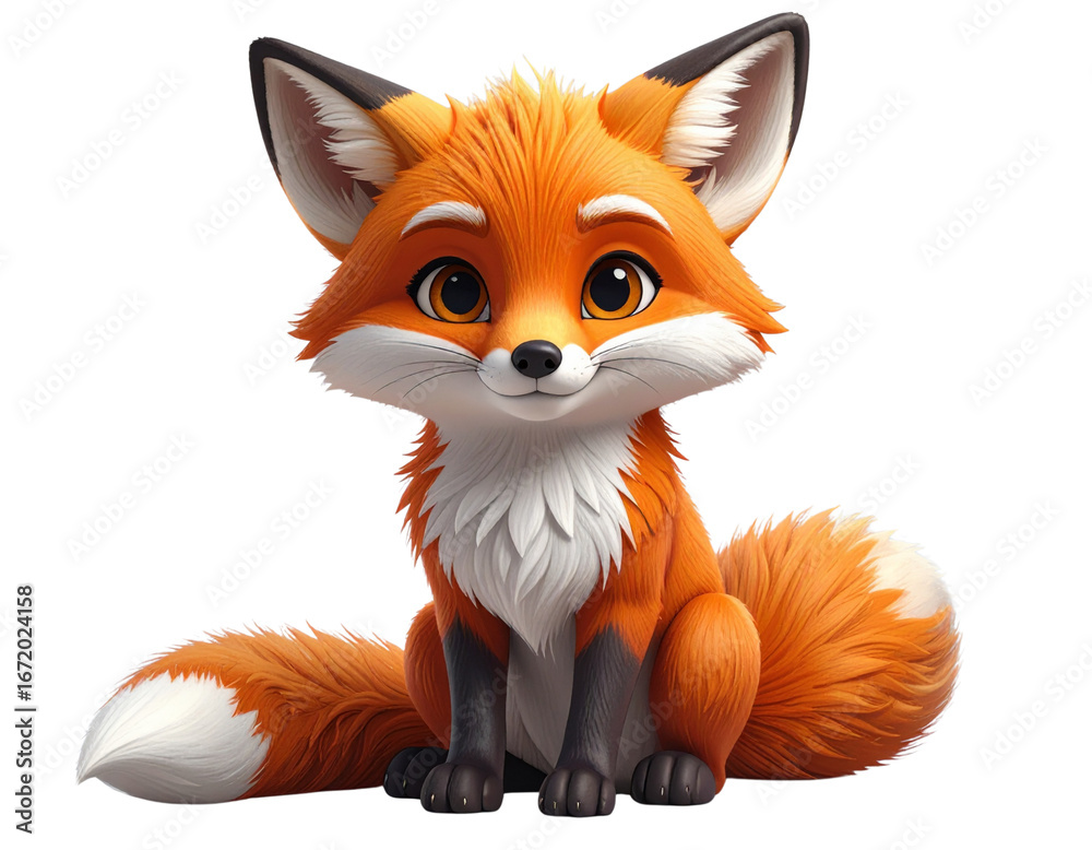 Fototapeta premium Playful 3D Fox Sitting Upright with Big Eyes, Isolated on White Background