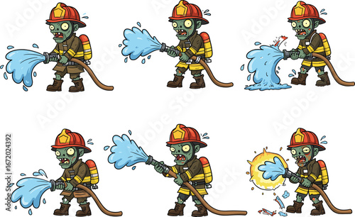 Zombie firefighter spraying water from hose, cartoon undead, fire safety, spooky hero, Halloween fireman, battling flames, animated rescue, firehose action.