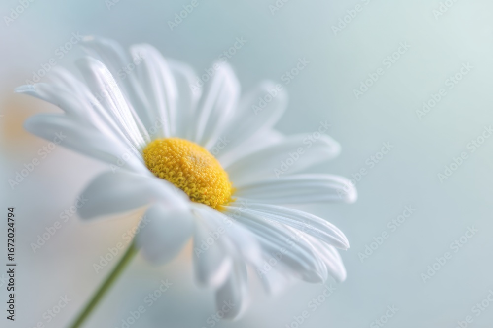 Obraz premium Macro close-up of a white daisy with a golden center and gentle background blur. Perfect for spring, wedding stationery, home decor, and botanical design
