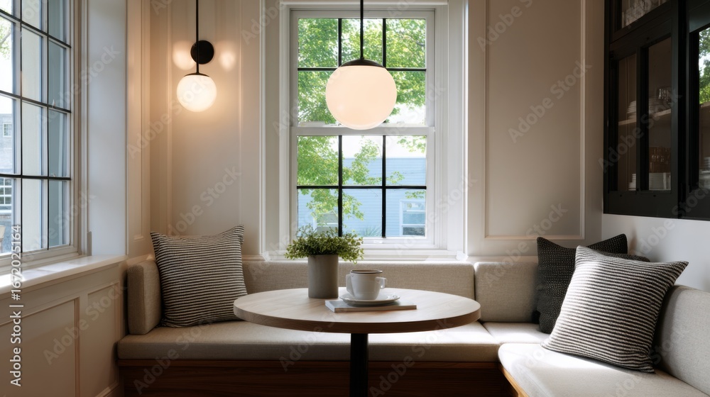 Fototapeta premium Built in window seat with round table striped pillows and globe pendant lights