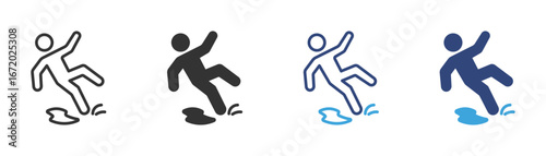slippery surface wet floor icon set in outline and flat style , vector illustration.