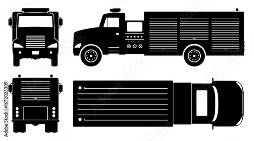 Fire truck engine silhouette on a white background. Vehicle icons set view from the side, front, back, and top