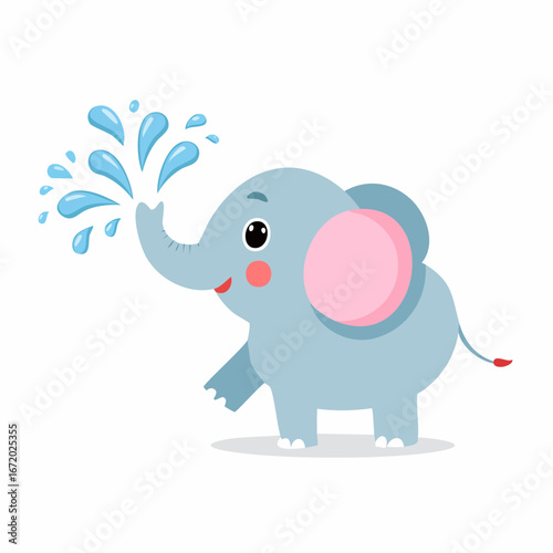 Cartoon illustration of a baby elephant spraying water from its trunk, depicted with a cheerful expression and pink cheeks.