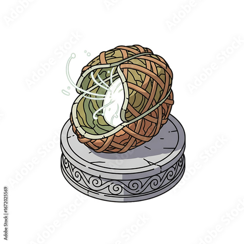 Ball of yarn with trapped butterfly, symbol of entanglement and fragile hope.