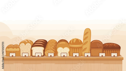 A selection of various cartoon breads lined up on a wooden shelf with price tags attached to each loaf