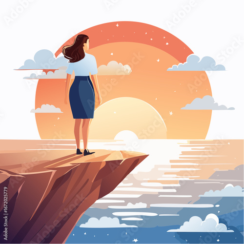 A determined woman stands on a cliff edge looking out at a vibrant sunset over the ocean, symbolizing hope and new beginnings