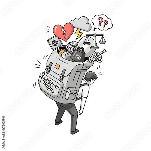 Man carrying overloaded bag, symbol of emotional baggage.