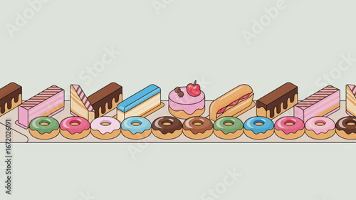 A cartoon style illustration of various cakes and donuts arranged in a row on a light gray background