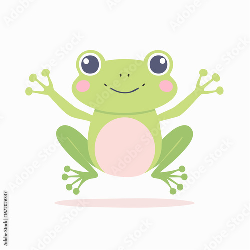A cute, cartoon-style light green frog with pink cheeks and belly, jumping with its arms and legs outstretched.