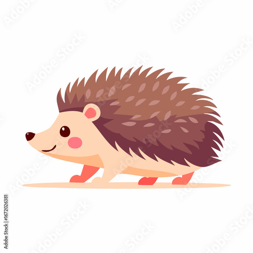 Cartoon illustration of a cute hedgehog with brown quills, pink cheeks, and a small smile, walking on a light surface.