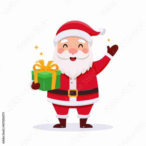Adorable cartoon Santa Claus character holding a festive gift box and waving happily with sparkling festive elements for Christmas celebrations
