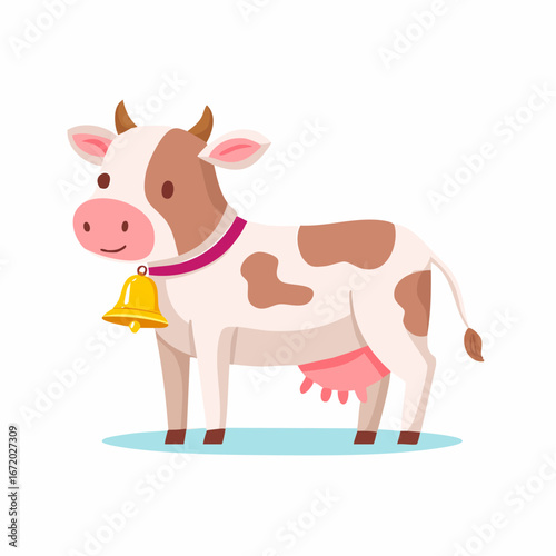 A charming cartoon illustration of a contented brown and white cow wearing a purple collar with a golden bell, standing on a blue surface.