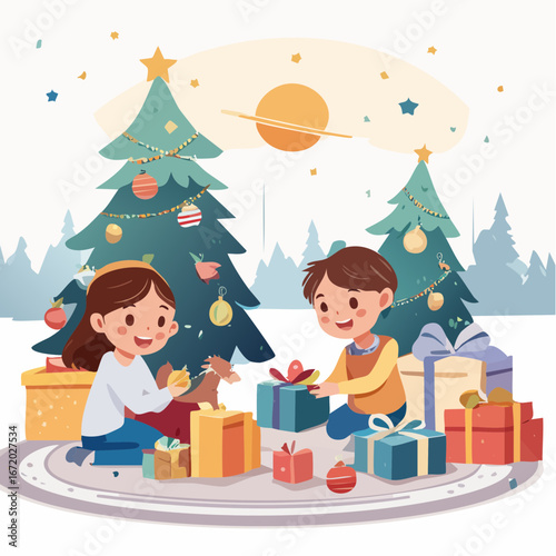 Cheerful children happily opening Christmas presents around decorated trees on a festive winter day with a celestial theme in the background