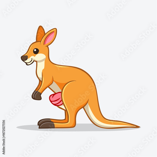 A cute cartoon illustration of a smiling orange kangaroo with a pink pouch standing in profile.