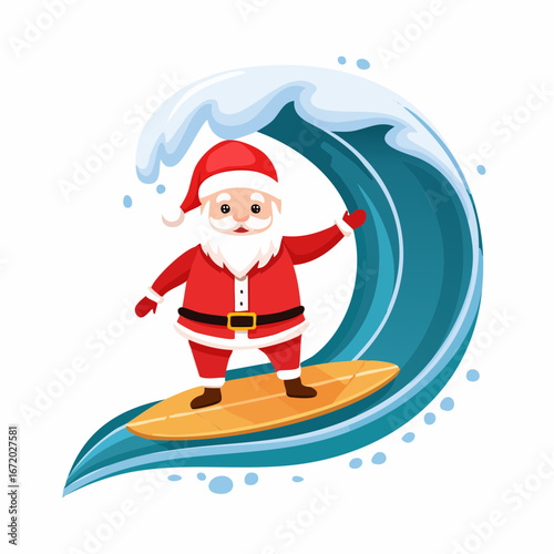 Cheerful Santa Claus character surfing a big ocean wave on a surfboard during Christmas holidays with a playful and energetic vibe
