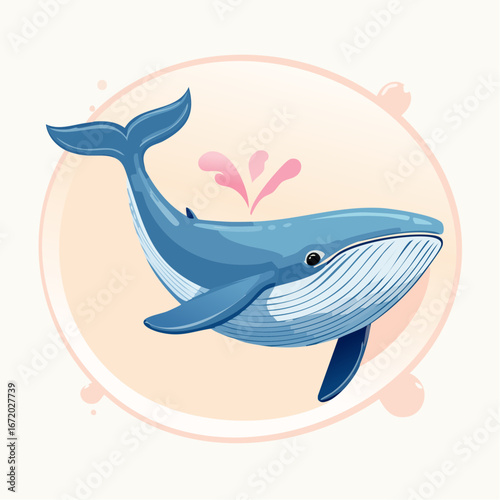 A stylized, cartoon illustration of a blue whale spouting water, set within a circular frame.