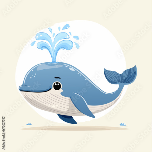 A cheerful cartoon whale spouting water, smiling and looking happy against a light background.