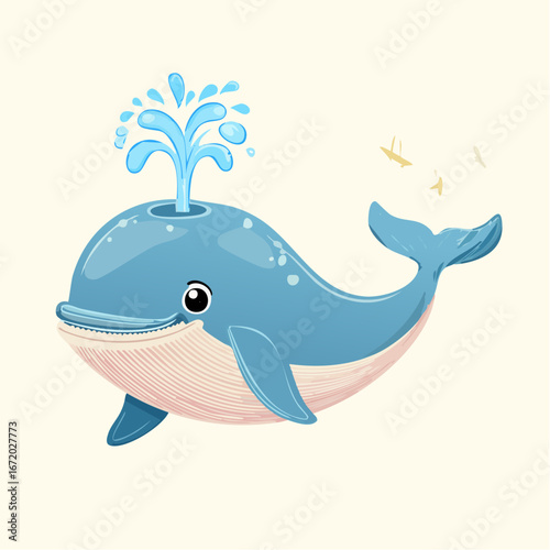 A cheerful cartoon whale spouting water, smiling, with birds flying nearby.