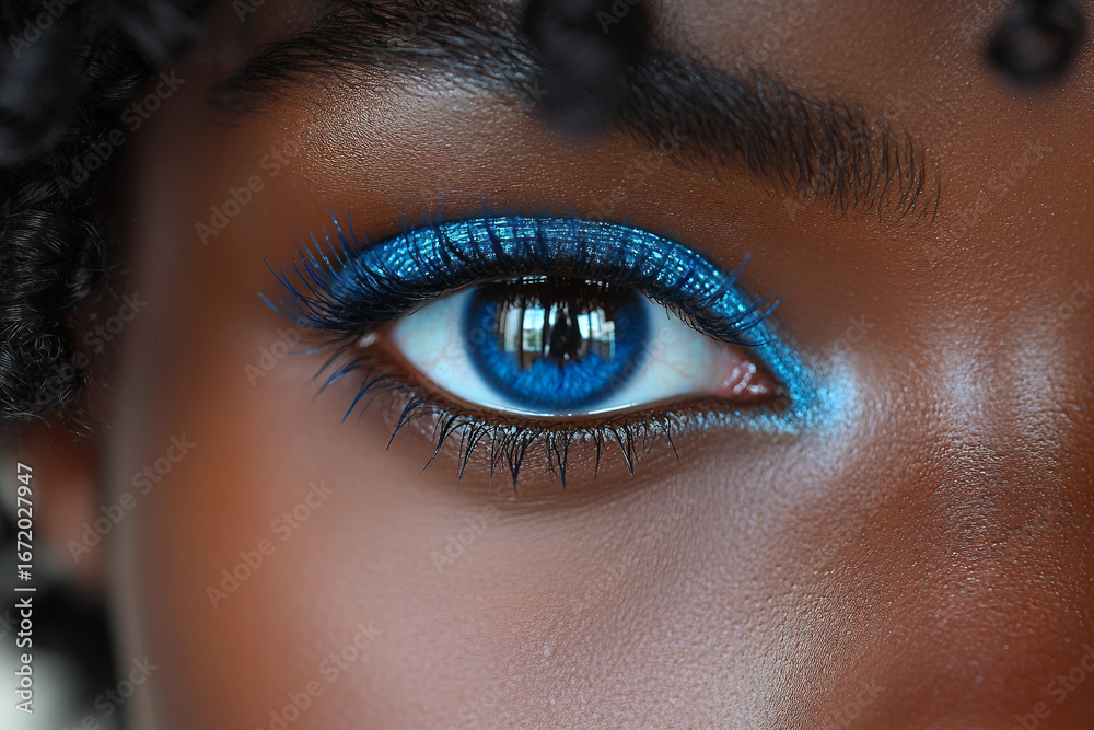 Obraz premium Generative AI image of fashion model with glowing neon makeup showing futuristic beauty cosmetics and closeup visage trends in modern style