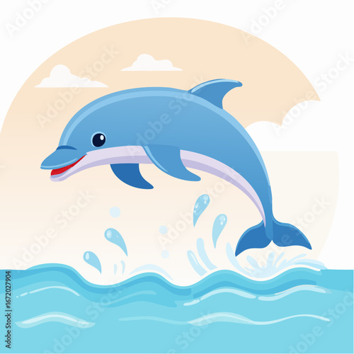 A cheerful blue cartoon dolphin joyfully leaps from the ocean water, creating splashes under a bright sky.