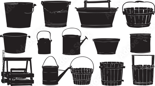 An isolated set of black and white plastic garbage bags and recycle cans are illustrated as vector icons for waste and rubbish