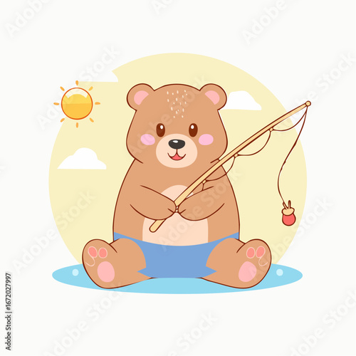 A charming cartoon brown bear in blue shorts sits patiently, holding a fishing rod under a bright summer sun.