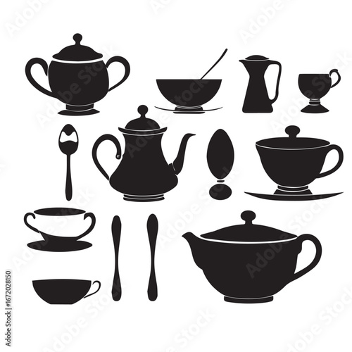 Vector art of set of black silhouette icons depicting tea and coffee service items