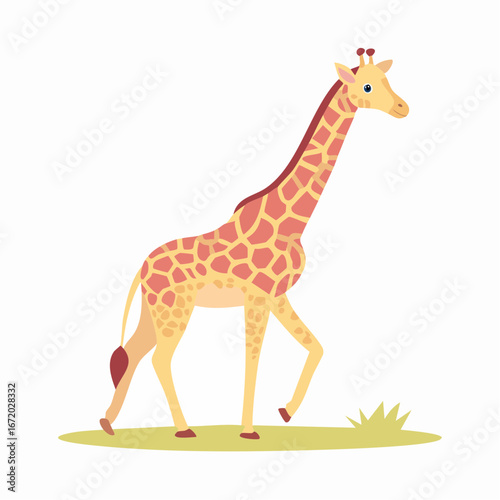 Cartoon illustration of a giraffe walking on grass, featuring a long neck and patterned coat.