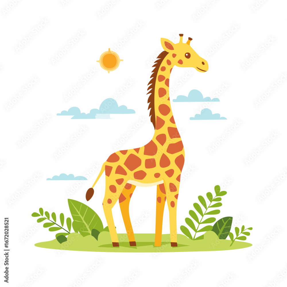 Fototapeta premium A cartoon illustration of a tall giraffe standing in a grassy field with sun and clouds.