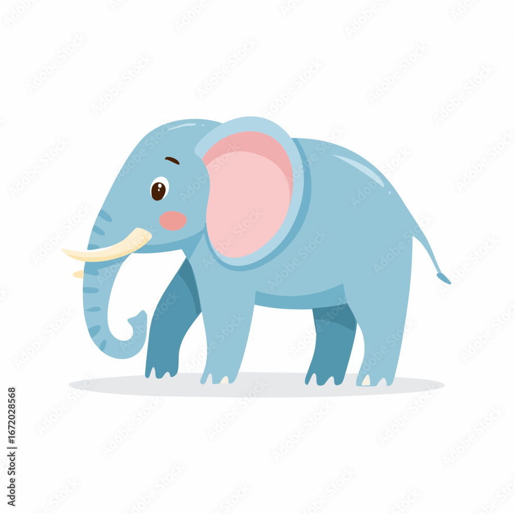 Naklejka premium Cartoon illustration of a light blue elephant with large pink ears and white tusks, standing on a white background.