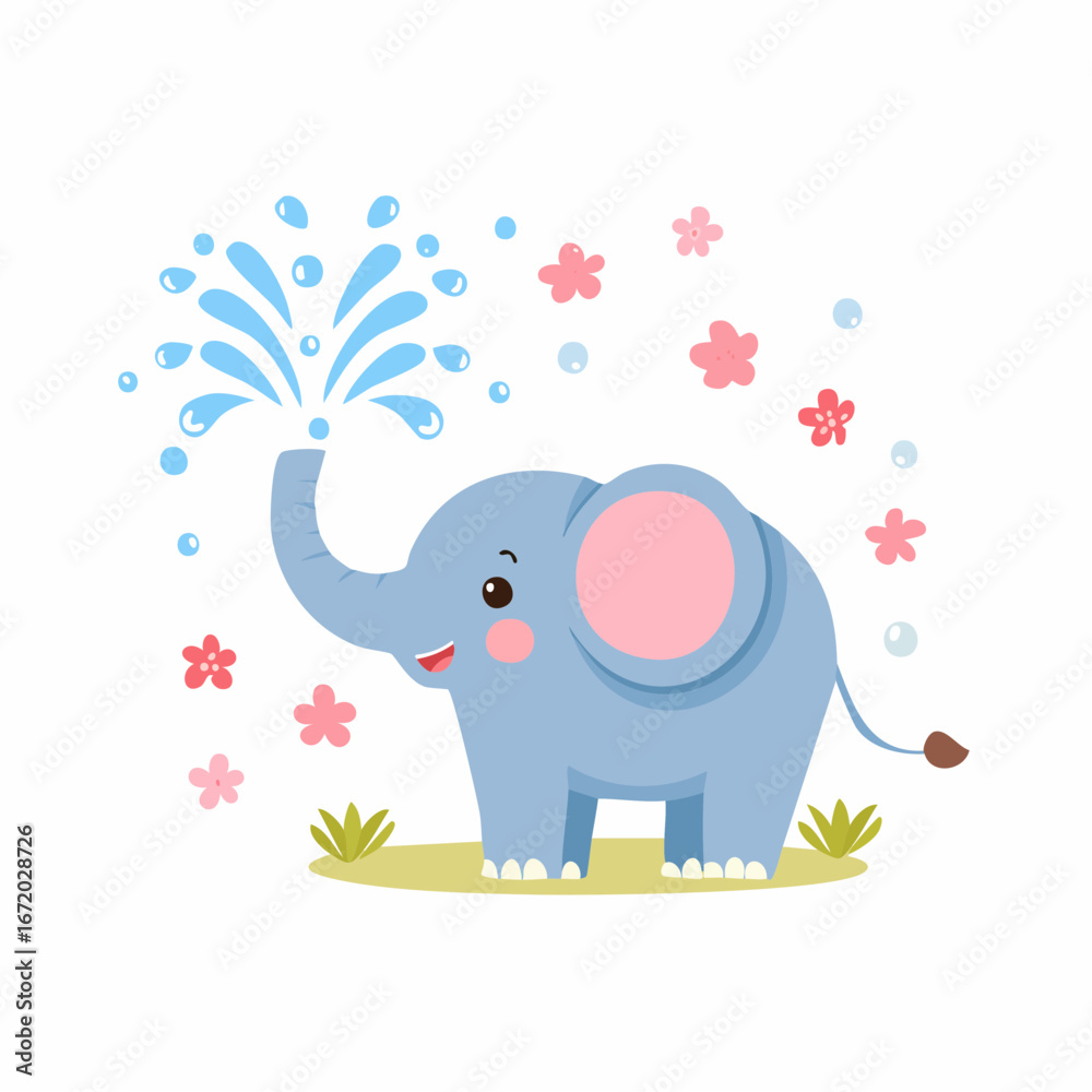 Fototapeta premium Cute cartoon elephant spraying water from its trunk, surrounded by pink flowers and standing on grass.