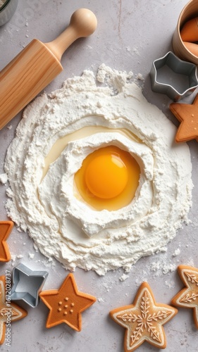 Overhead view of an egg in a flour well with rolling pin and star shaped cookies on a gray surface
