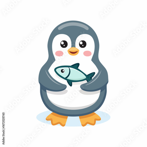 Cartoon penguin holding a fish with its flippers, featuring a cute and friendly design against a white background.